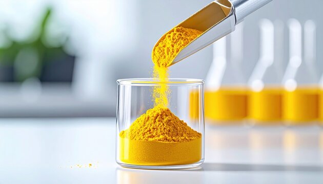 Bright yellow powdery substance being poured from a metal scoop into a glass beaker in a laboratory setting