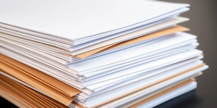 Stack of crisp white papers and brown envelopes ready for mailing, neat, envelope