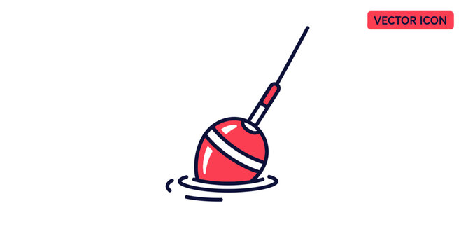 Red fishing bobber floating on water, vector icon illustration