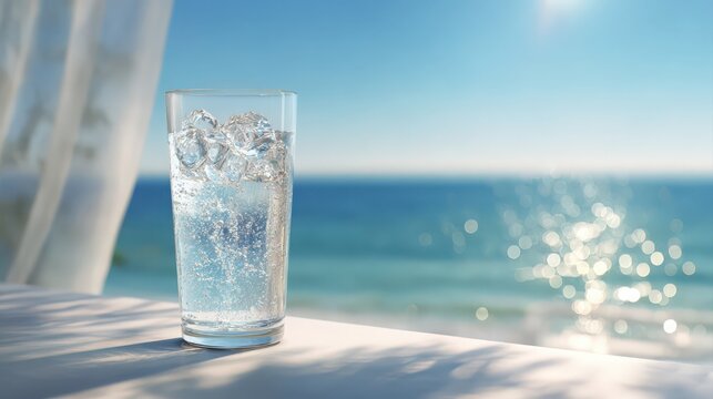 美しい海を望むテラスで、氷の入った冷たい炭酸水がグラスに注がれている様子。
