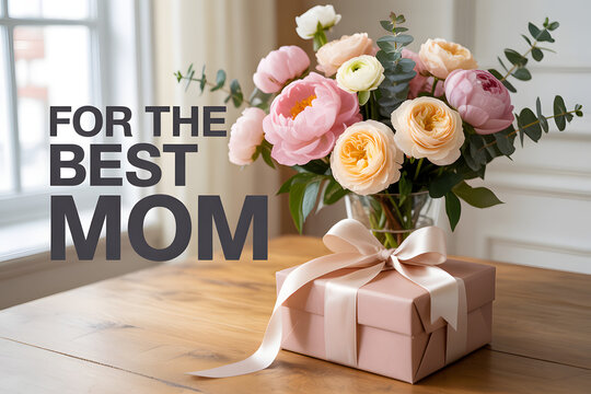 Mother's Day gift with flowers and text, pink present with silk ribbon for the best mom, elegant floral bouquet in glass vase on wooden table