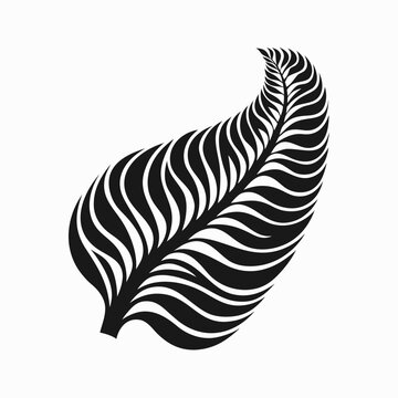 Stylized silver fern leaf vector icon, black tribal botanical fern frond illustration, minimalist organic foliage shape for logo design