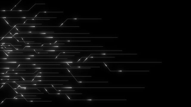 Abstract glowing white lines with arrowheads moving right on black background , Modern hi-tech grid with particles and energy lines, Quantum information flow and cyber innovation design.