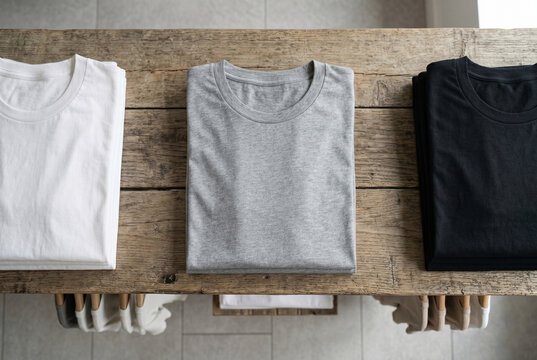 Folded T-Shirt Mockup Set on Wooden Shelf, Minimal Apparel Display