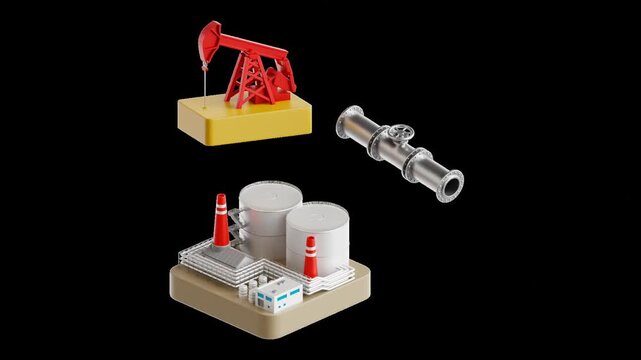 3D animation loop of Oil Supply Chain from extraction to distribution, starting from an oil pump, flowing through pipelines and into an oil refinery, connected by dynamic arrow animations.