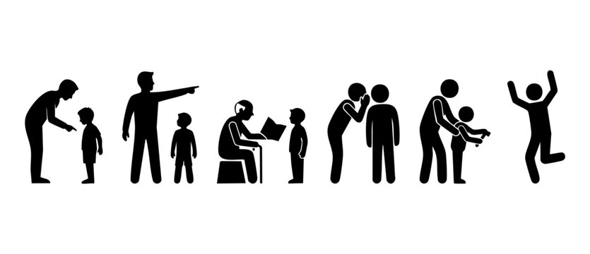 Parenting styles and child development icons, stick figure silhouettes representing father and son interactions, disciplinary guidance, teaching, whispering, supporting and celebrating milestones. Gen