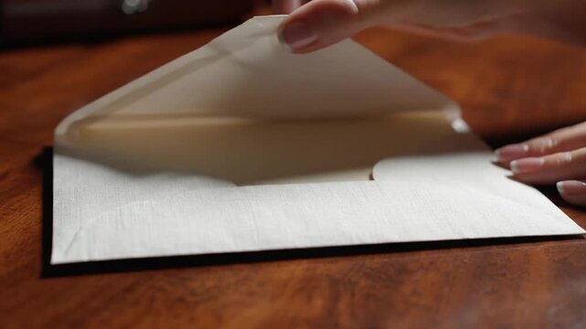 Woman Handling White Envelope on Wooden Table