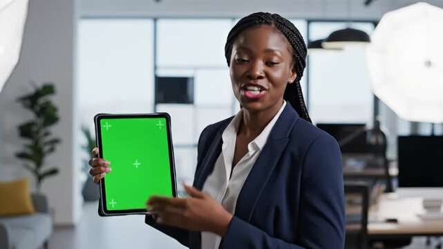 Young Woman Holding Green Screen Tablet in Modern Office