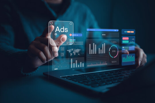 Digital marketing expert using holographic dashboard for data analysis to optimize advertising campaigns for higher performance.
