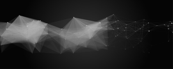 Abstract black and white plexus network wireframe texture background. This striking monochromatic polygonal mesh seamlessly merges geometric forms to construct an advanced technological framework. © Faiyaz