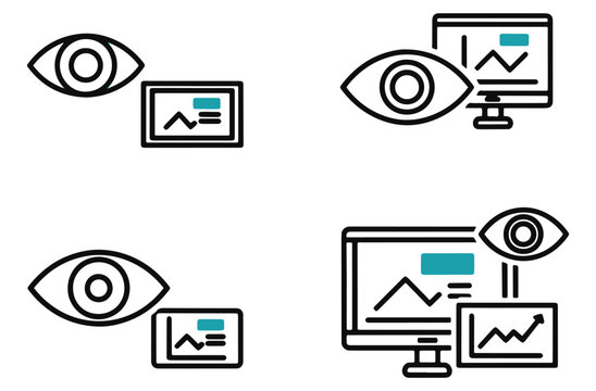 Set of outline web analytics icons with eye symbol and graphs for business monitoring dashboards and professional performance tracking reports for website data visualization design