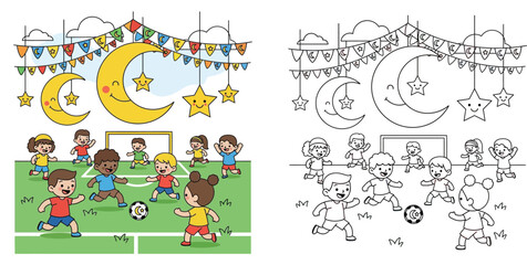 Obraz premium Diverse Kids Playing Soccer Under Ramadan/Eid Decorations - Festive Sports Fun