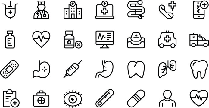 Medicine and Healthcare Line Icon Set for Web and Mobile Apps Featuring Doctor Lab MRI RX Emergency and Medical Equipment Symbols