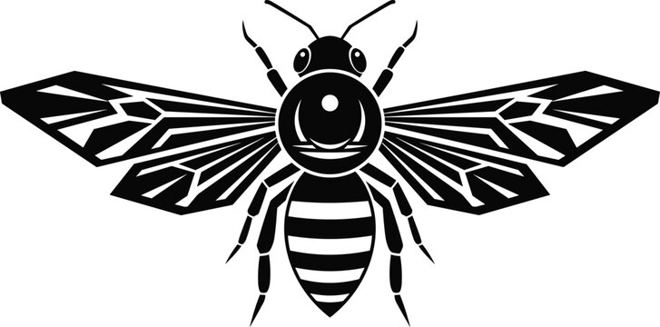 Black and white graphic of a bee with stylized wings and striped body.