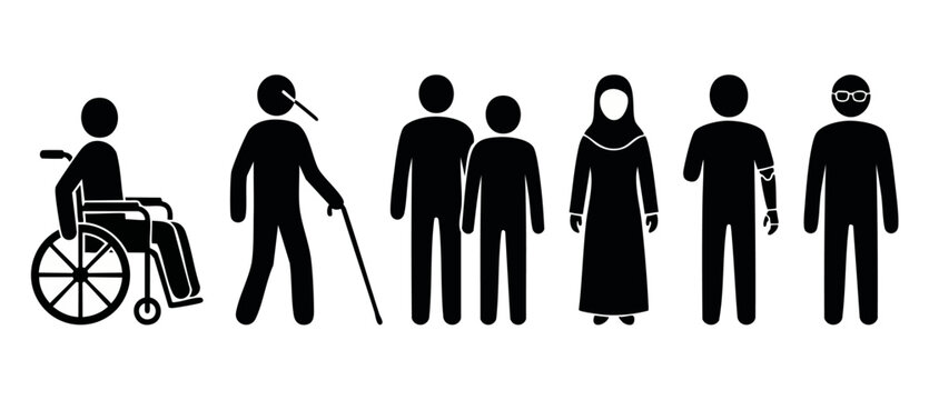 Diversity and Inclusion People Icons Set, Disability and Accessibility Pictogram Collection. Vector flat illustration of wheelchair user, visually impaired, Muslim woman, amputee and elderly person is