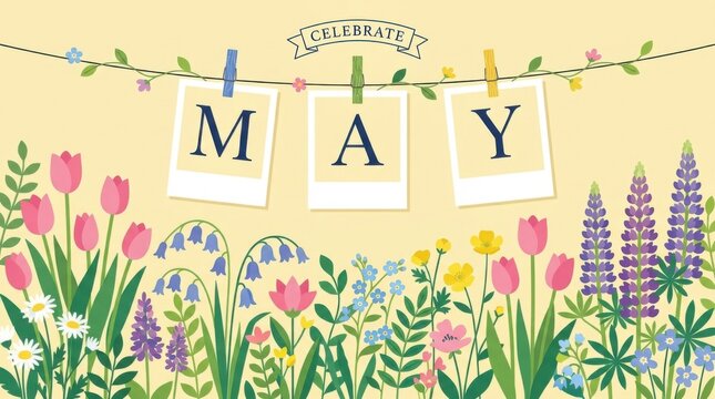 May Calendar Header with Spring Flowers and Pastel Colors