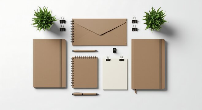Overhead view of a modern office desk setup with notebooks envelopes and plants