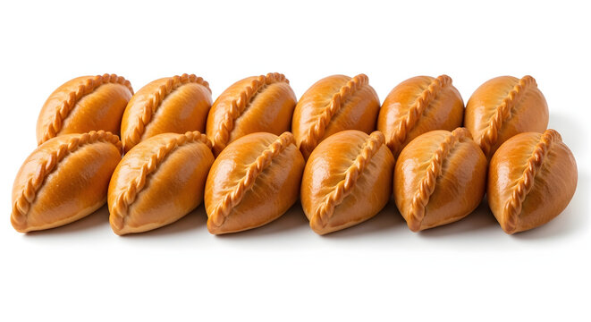 Freshly baked golden Russian pirozhki stuffed pastry buns, perfect for food menus, isolated on a white background