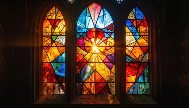Sunlight Illuminating a Large Ornate Stained Glass Window in a Gothic Church