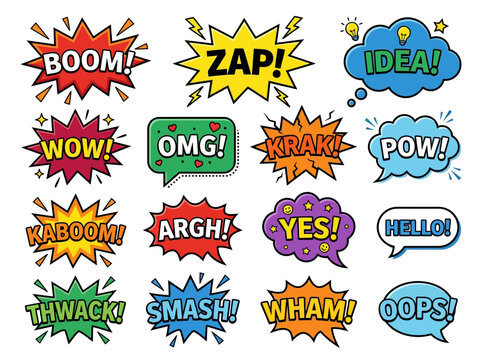 Comic Book Speech Bubbles and Sound Effects Set in Retro Pop Art Style