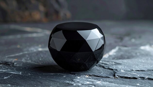 A faceted black obsidian paperweight with smooth, polished surfaces resting on a textured dark surface