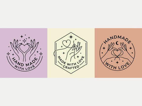 Set of Minimalist Handmade with Love Logo Emblems Featuring Hand-Drawn Hands, Heart, Stars, and Celestial Elements for Crafting and Artisanal Branding