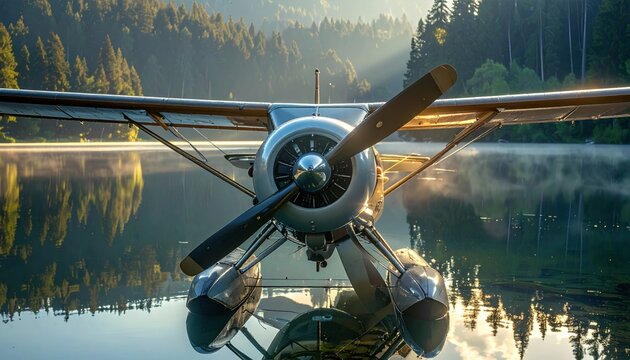 A polished steel seaplane floats on calm water, sunbeams piercing the forest backdrop
