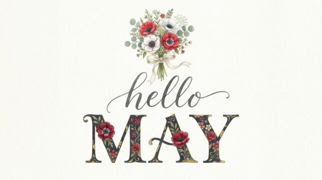 Hello May Script with Watercolor Flowers and Greenery