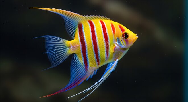 Vibrant Yellow and Red Striped Angelfish with Blue Fins in Dark Water