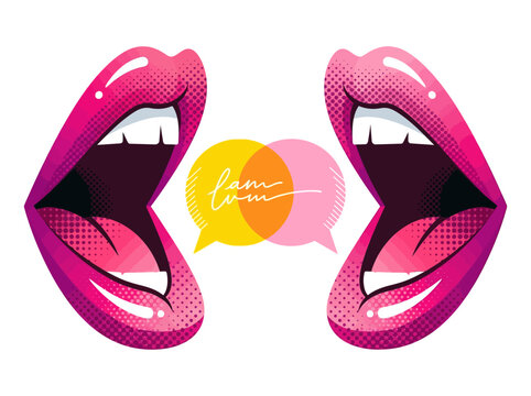 Vibrant Pop Art Illustration of Two Open Mouths Shouting with Overlapping Speech Bubbles and Halftone Dots
