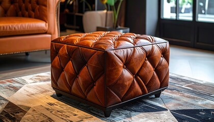 Naklejka premium A rich brown leather tufted ottoman with a geometric diamond pattern on a wooden floor in a stylish interior