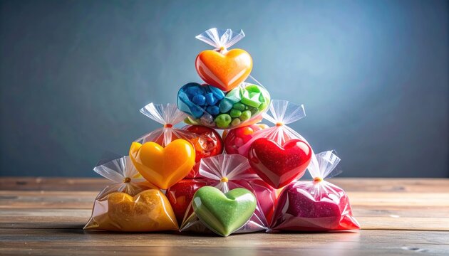 A pyramid of individually packaged heart-shaped candies and colorful treats in assorted vibrant colors