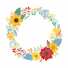 Obraz premium Autumn floral wreath with sunflowers red flowers leaves red flower sunflower