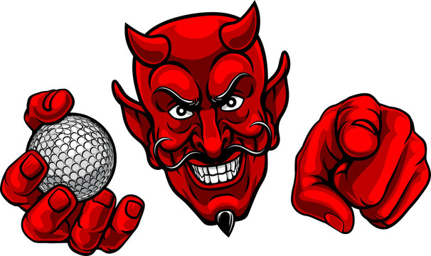 A devil man holding golf ball and pointing sports team mascot illustration.