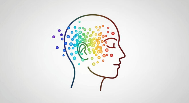 Colorful abstract particles forming a human head profile, representing thoughts, ideas, and creativity