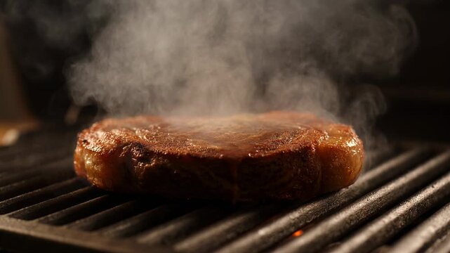 Seared ribeye steak cooking on a grill with rising steam
