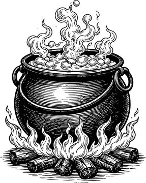 Vintage cauldron bubbling with potion over crackling campfire, steam rising, witch's brew, fantasy illustration