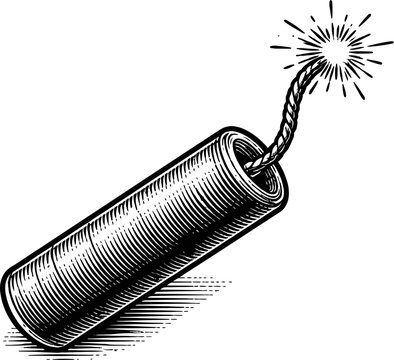 Black and white retro illustration of a dynamite stick with a lit fuse, symbolizing danger, explosion, and explosive power in a vintage style.
