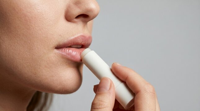 Woman applying moisturizing lip balm on dry lips. Skincare routine and cosmetic treatment for hydration. Beauty self-care product for daily lip protection and healthcare concept.