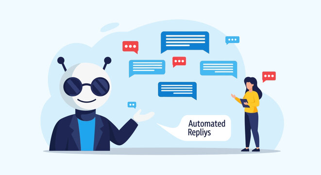 Robot and woman with automated replies.