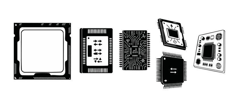 Computer Processor Chip Icons Set, Digital Microchip Hardware Components, CPU Circuit Board Symbols, Integrated Semiconductor Technology Graphics, Modern Electronic Engineering Symbols for Tech Design