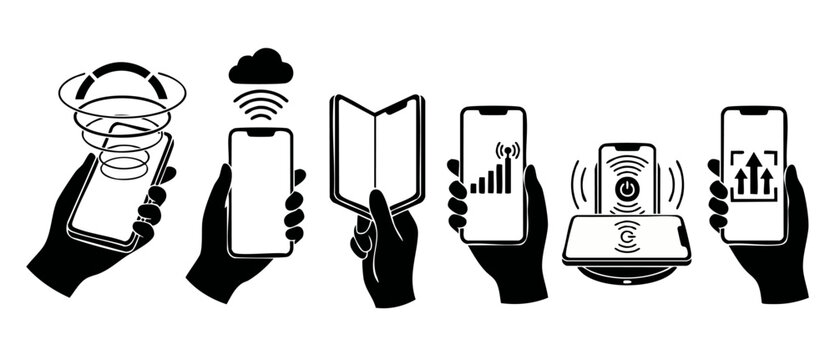 Smartphone Technology Icons Set Holding Hand Device Features and Wireless Connectivity Symbols for Mobile UI Web Design Projects Featuring Foldable Screen Cloud Sync Charging Signal Strength and Data