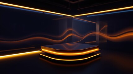 Fototapeta premium Dark room features glowing neon layers, pedestal. Dramatic lighting creates futuristic ambiance, perfect display space.