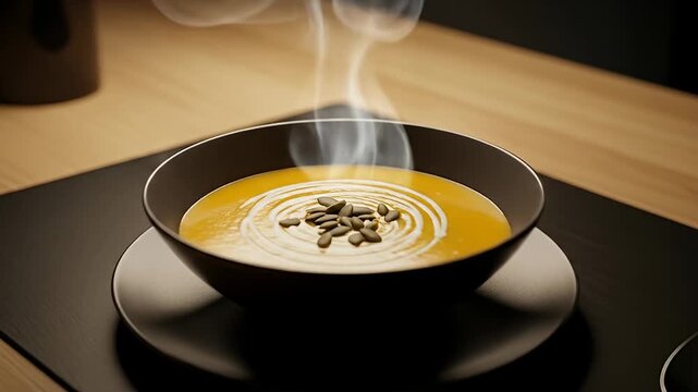 Steaming bowl of golden soup topped with seeds and cream spirals on a dark placemat