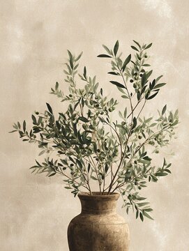 Elegant vintage botanical wall art featuring lush olive branches with small green olives arranged in a rustic brown vase against a softly textured neutral background.