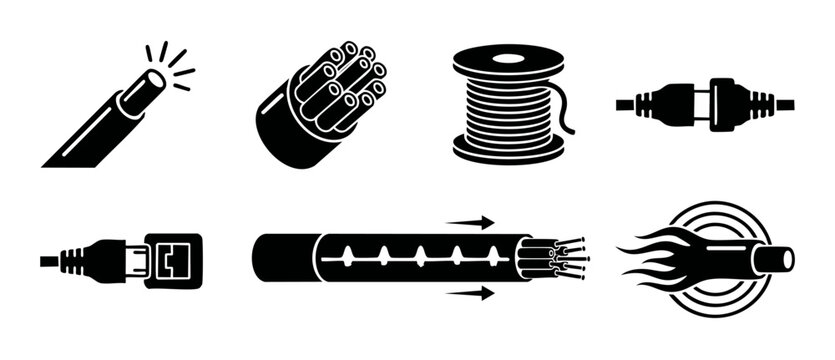 Fiber Optic Cable Icon Set, High Speed Data Transmission and Connectivity Symbols, Modern Telecommunication Hardware Elements for Network Infrastructure, Technical Vector Illustrations on White Backgr