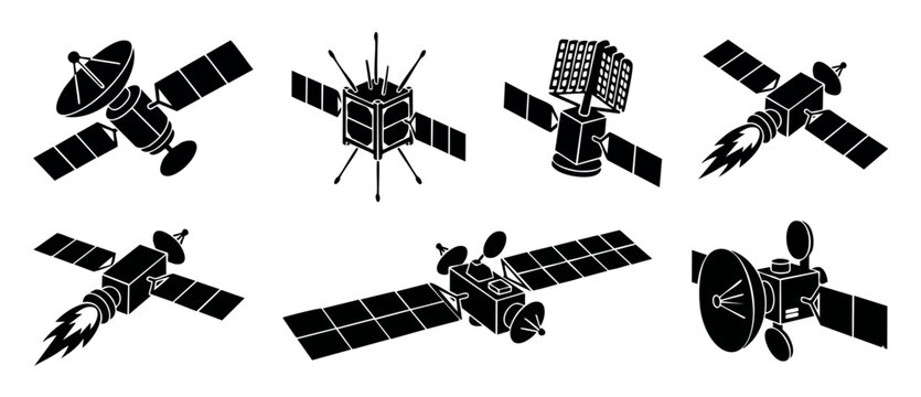 Space Satellite Icons Set Black Silhouette Collection for Aerospace Technology and Communication Systems Communication Research Equipment Design Elements for Web Graphics and Scientific Exploration Pr