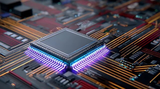 A close up view of a sophisticated computer chip with pulsating blue and purple lights, illustrating the dynamic flow of data and advanced computing power within a complex circuit board.