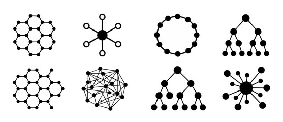Fototapeta premium Network Topology Icons Set, Connected Nodes and Data Structure Diagrams, Vector Symbols for Blockchain, Chemistry, Neural Networks, Technology Connectivity and Organizational Hierarchy Charts Illustra