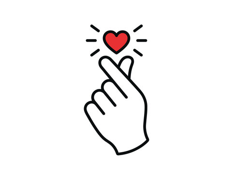 Korean Finger Heart Hand Gesture with Red Heart Icon, Minimalist Line Art Vector Illustration